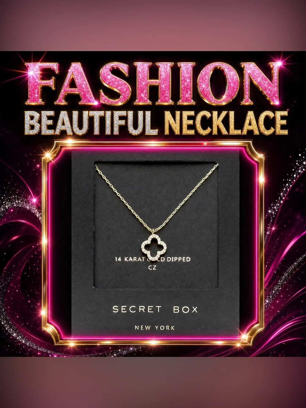 Gold Clover Pendant Necklace - Pink Accent